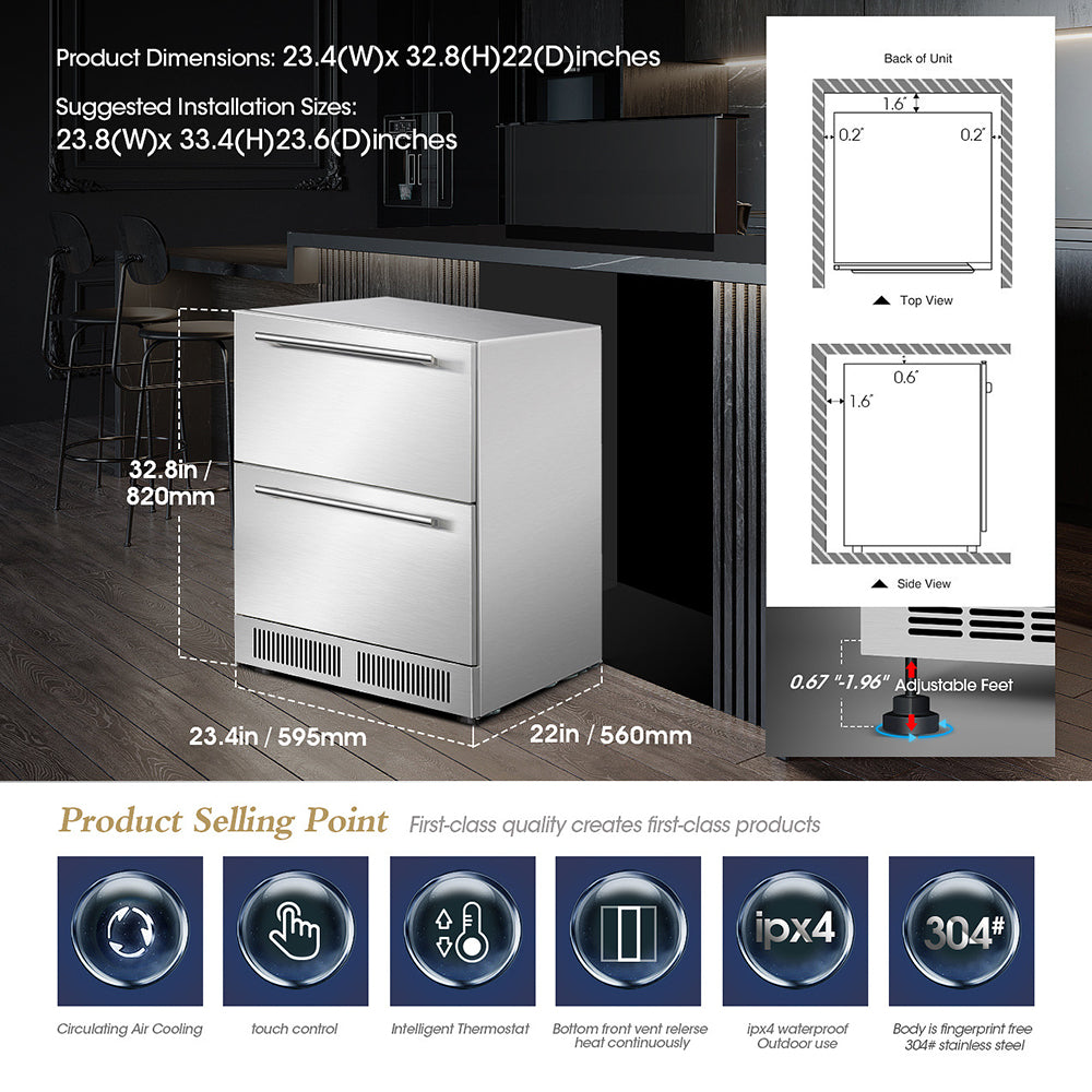 Wine Refrigerator, Under Counter Drawer Refrigeration Cabinet, Stainless Steel Beverage Cooler