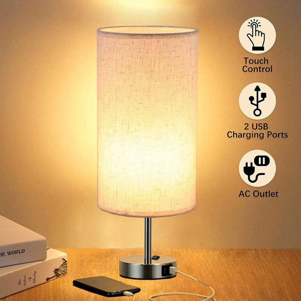 COOLBABY WQSJ011 2 Pack Desk Lamp,Three-Section Touch Table Lamp with Round Cloth Cover,USB Mobile Phone Charging,3 Way Dimmable Touch Lamps - COOLBABY