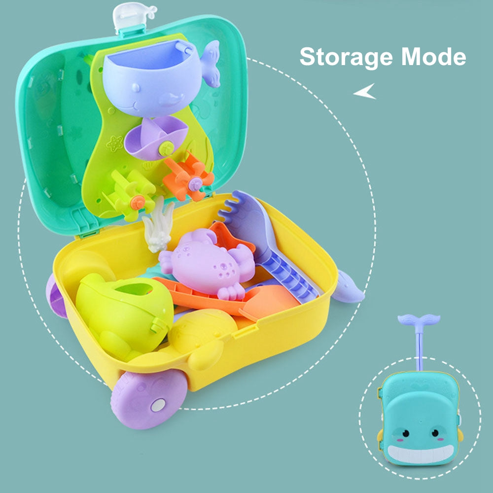 COOLBABY WQSJ-STWJ01 8PCS Children's Beach Toy Set,Luggage Trolley Case,Trolley Case and Beach Toy 2 in 1,Summer Beach Must-Have,Random Color - COOL BABY