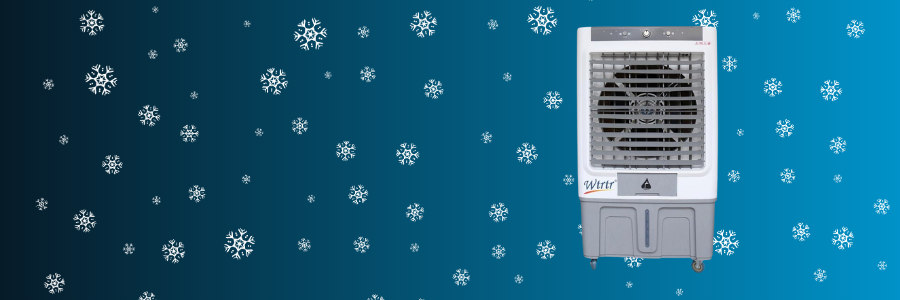 Portable air conditioner on a blue background with snowflakes