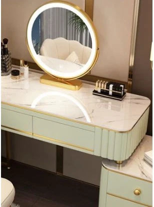 Mint Green Vanity Table Set with LED Mirror and Chair – Elegant Solid Wood Dressing Table - COOLBABY