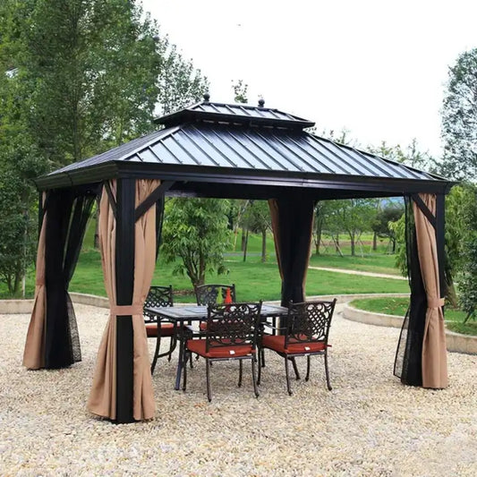 3.65x3m Double Roof Iron Gazebo - Black - COOLBABY