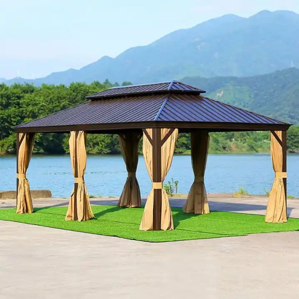 3.65x6m Double Roof Aluminum Gazebo Brown - COOLBABY