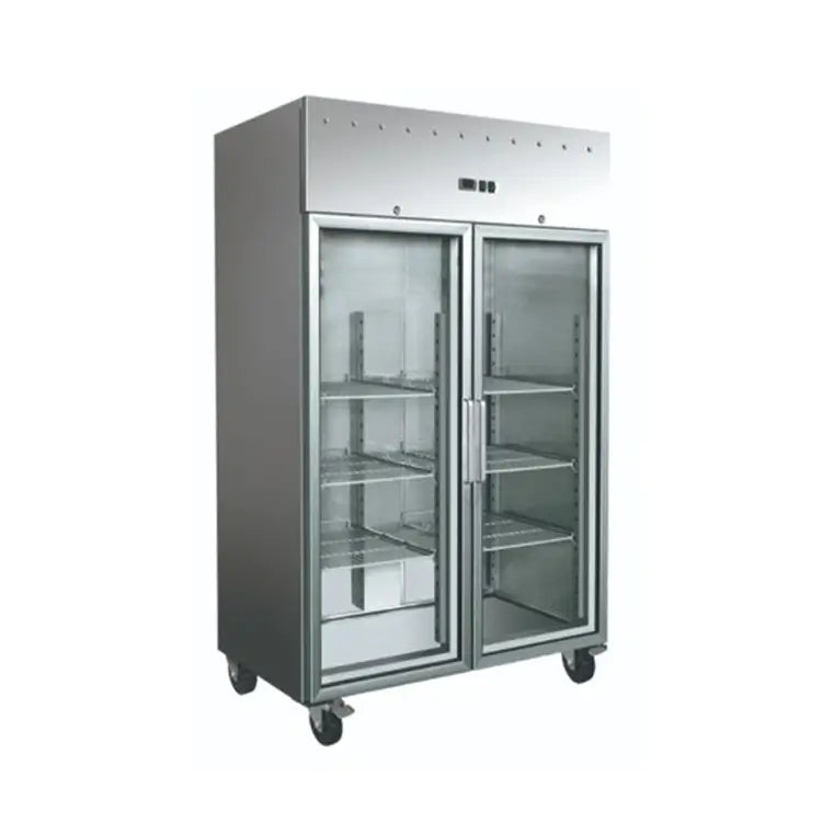 Upright Double Glass Door Freezer 1476L – Stainless Steel Commercial Display Freezer with Italian Technology