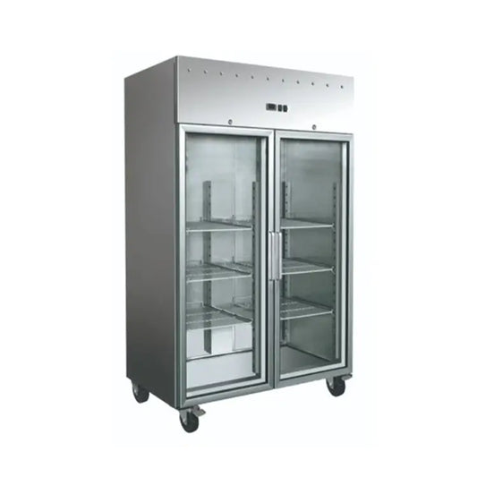Upright Double Glass Door Freezer 1476L – Stainless Steel Commercial Display Freezer with Italian Technology