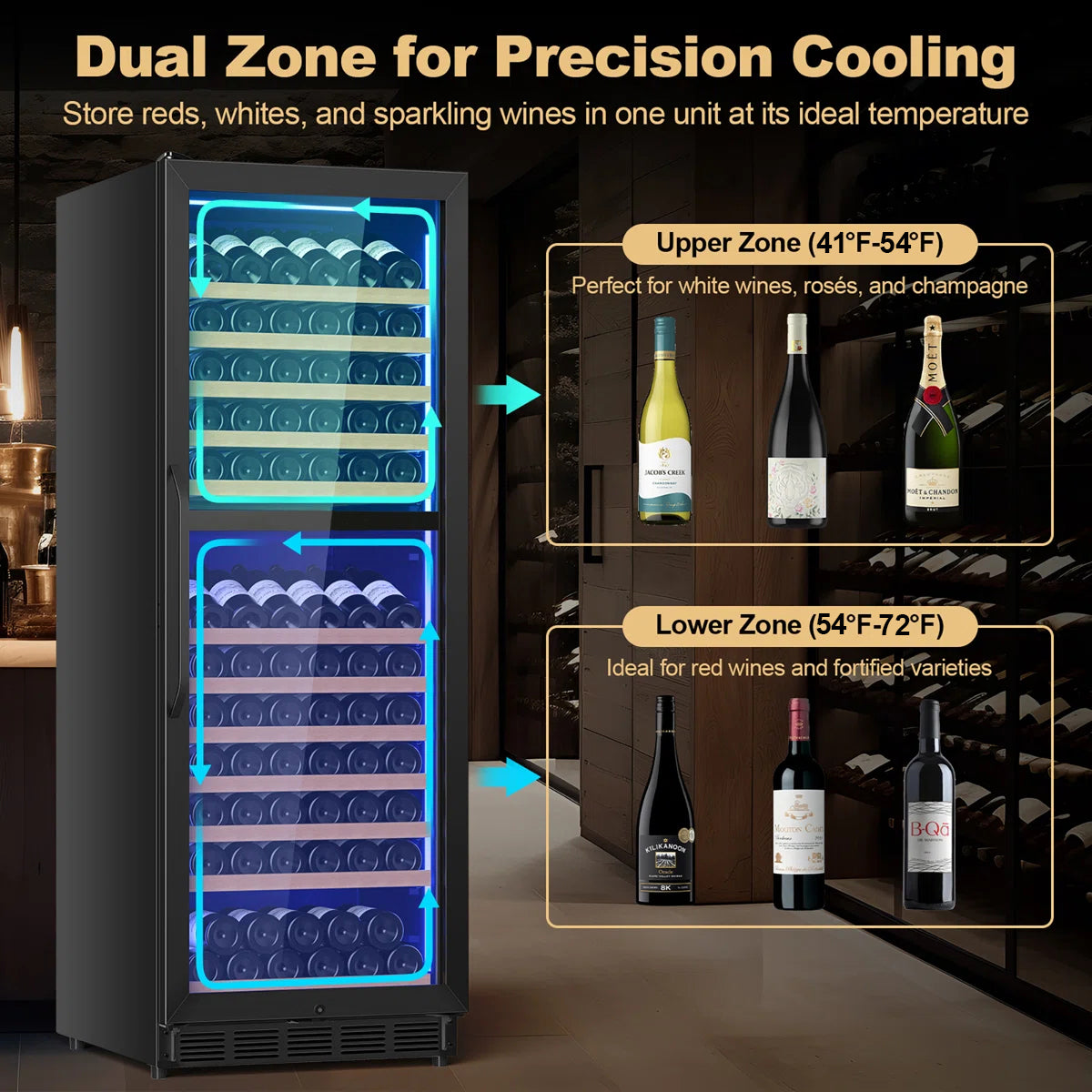 168-Bottle Built-in or Freestanding Dual Zone Wine Refrigerator with Stainless Steel Door