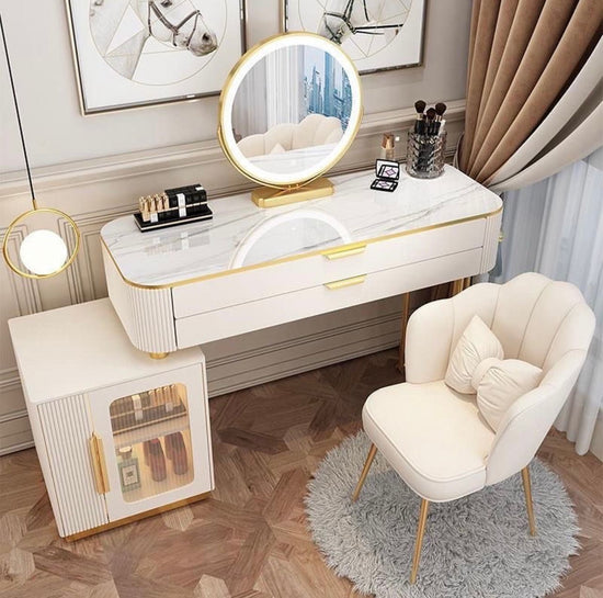 Modern Solid Wood Dressing Table Set with Smart Mirror and Stool - White/Gray - COOLBABY