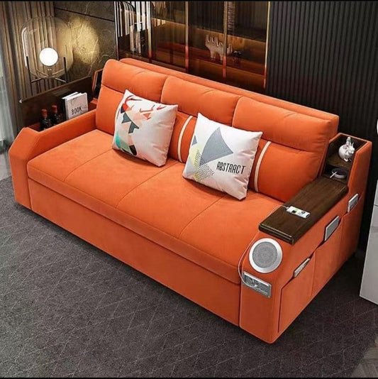 Modern Extendable 2 in 1 Sofa Bed with Side Pockets, Daybed with Bottom and Side Storage, USB Ports, Bluetooth, Speaker - Orange - COOLBABY