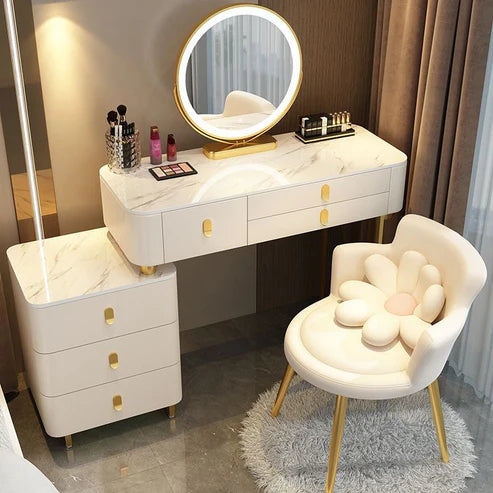 Elegant Solid Wood Dressing Table with LED Mirror and Chair - White/Gray/Pink - COOLBABY