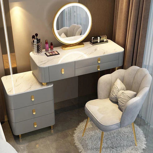 Elegant Solid Wood Dressing Table with LED Mirror and Chair - White/Gray/Pink - COOLBABY