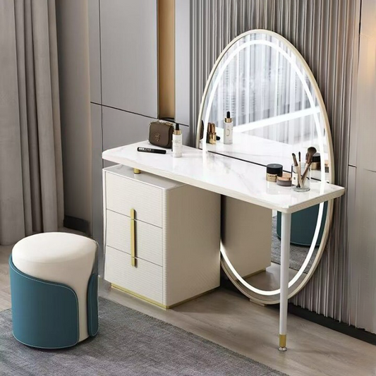 Elegant White Dressing Table with Oval LED Mirror and Drawers - Perfect Bedroom Dresser - COOLBABY