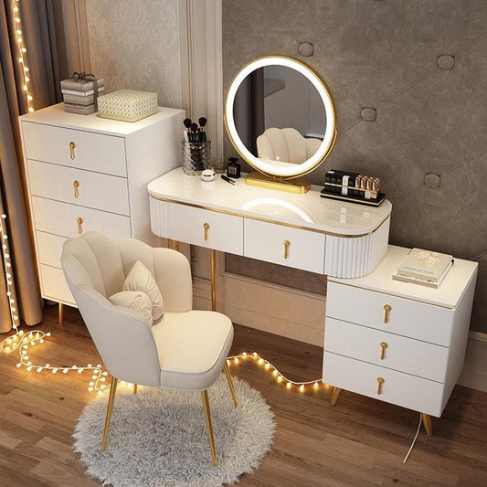 Simple Solid Wood Dressing Table for Bedroom, Massive Storage Drawers, Smart Mirror and a Chair. - COOLBABY