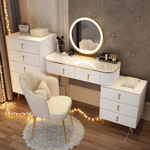 Modern Solid Wood Dressing Table with Smart LED Mirror, Ample Storage, and Chair - White/Gray - COOLBABY