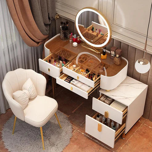 Modern Solid Wood Makeup Vanity Table Set with Smart Mirror and LED Lighting - COOLBABY