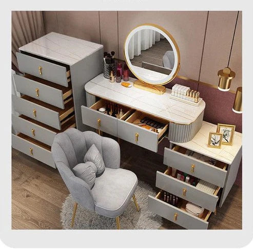 Modern Solid Wood Dressing Table with Smart LED Mirror, Ample Storage, and Chair - White/Gray - COOLBABY