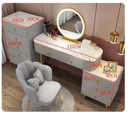 Modern Solid Wood Dressing Table with Smart LED Mirror, Ample Storage, and Chair - White/Gray - COOLBABY