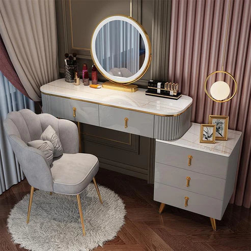 Modern Solid Wood Dressing Table with Smart LED Mirror, Ample Storage, and Chair - White/Gray - COOLBABY