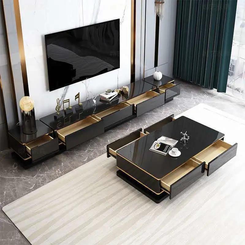 Living Room Table Set, Coffee Table, TV Table, Two Side Tables. Attractive Design, Durable High - Gold Frame (BLACK) - COOLBABY