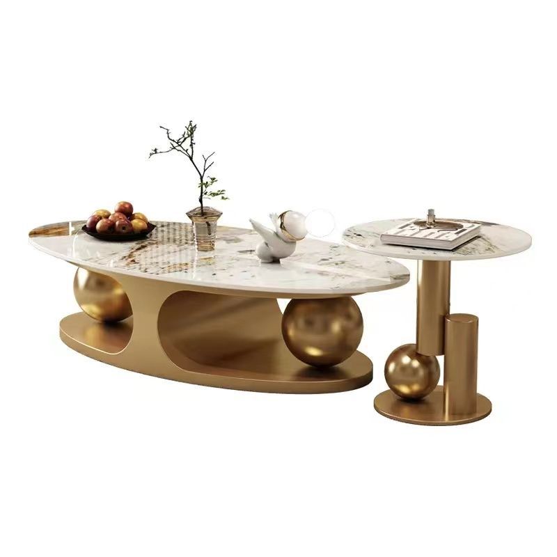 Living room Coffee Table Round Oval Slate Marble-Patterned Center Tables, Stainless Steel Gold Bases (GOLD) - COOLBABY