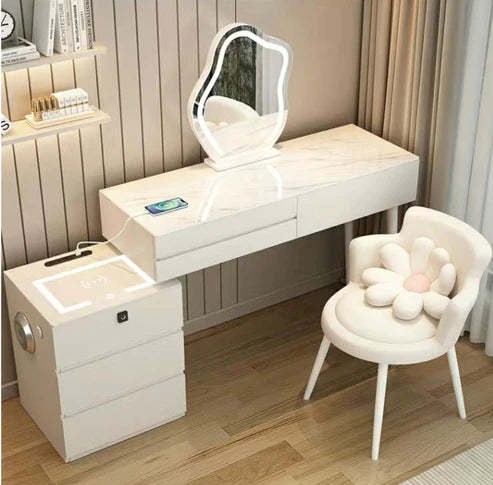 Smart Makeup Vanity Table Set with LED Mirror, Bluetooth Speaker, and Wireless Charging - COOLBABY