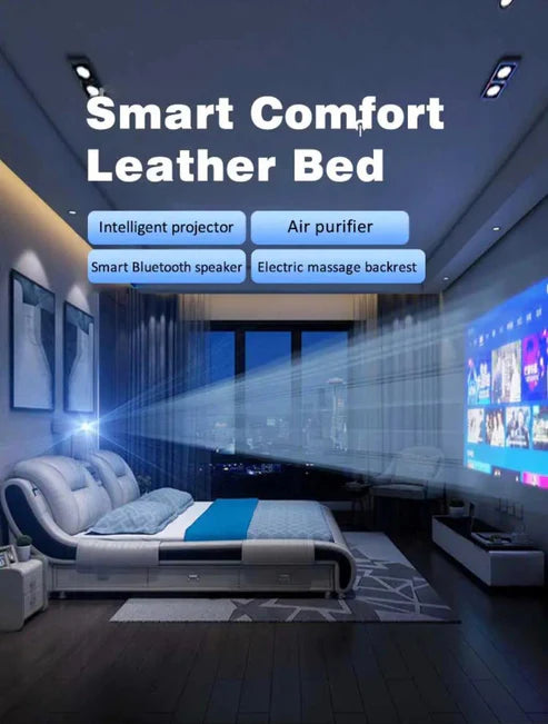 Smart King Size Bed with Projector, Vibration Massage, Bluetooth Speakers, and More - Pine Wood & Leather Upholstered - COOLBABY