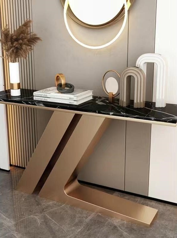 Entrance Console Table, Slate Marble Top Accent Console Table Gold Metal Base 120cm. - COOLBABY