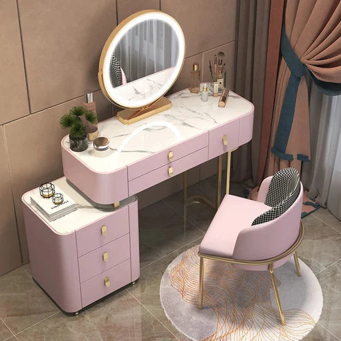 Elegant Solid Wood Dressing Table with LED Mirror and Chair - White/Gray/Pink - COOLBABY