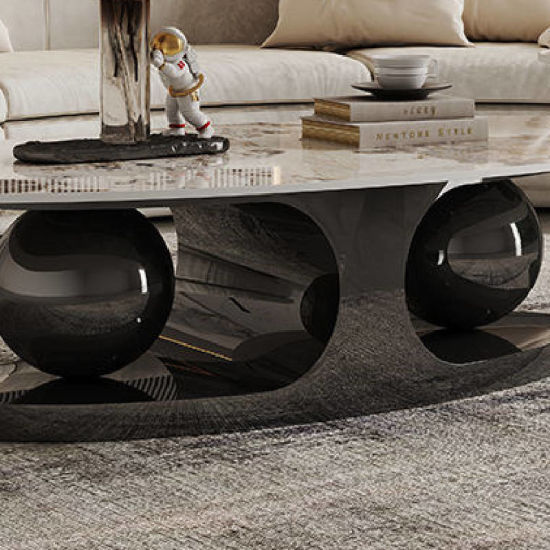 Living room Coffee Table Round Oval Slate Marble-Patterned Center Tables, Stainless Steel Gold Bases (GOLD) - COOLBABY