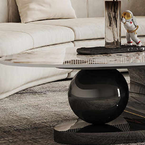 Living room Coffee Table Round Oval Slate Marble-Patterned Center Tables, Stainless Steel Gold Bases (GOLD) - COOLBABY