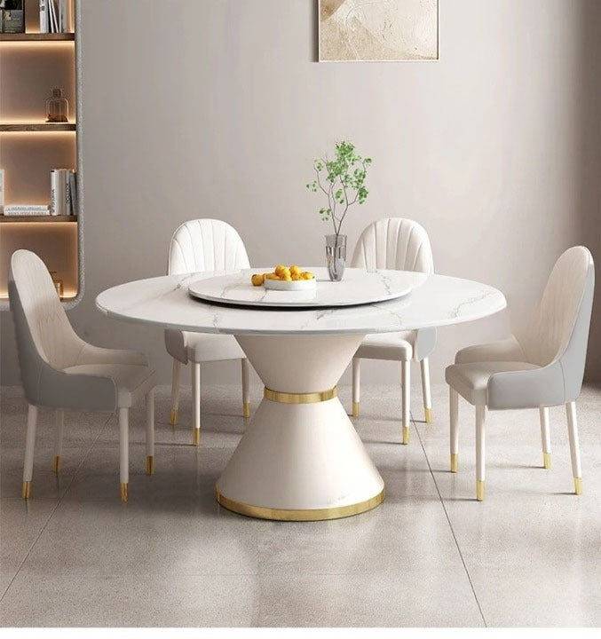 Round Slate Marble Dining Table with Lazy Susan for 4 People - COOLBABY