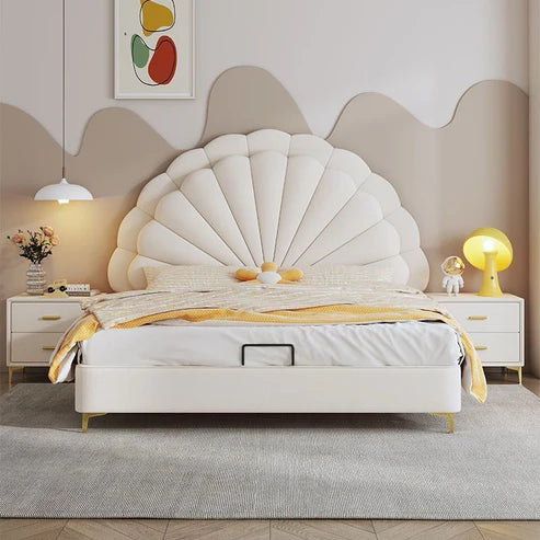 Modern Petal Shaped Upholstered Leather Bed with Hydraulic Storage - Queen Size - COOLBABY