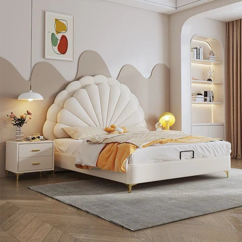 Modern Petal Shaped Upholstered Leather Bed with Hydraulic Storage - Queen Size - COOLBABY