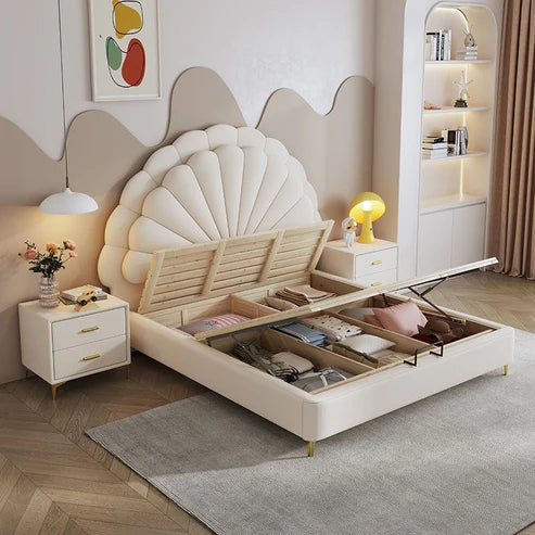 Modern Petal Shaped Upholstered Leather Bed with Hydraulic Storage - Queen Size - COOLBABY