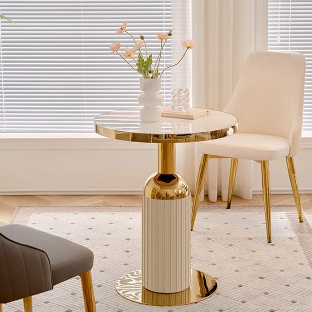 Round Side Table, Corner Table for Living room, Gold Stainless Steel Base and Leather - COOLBABY