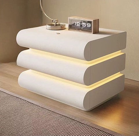 Bedside Table Nightstand with Three Drawers Built in LED Light Storage Cabinet for Bedroom - COOLBABY