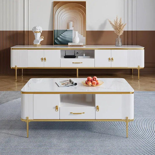 Living room Table Set Coffee Table and TV Stand in White and Gold Accents. - COOLBABY