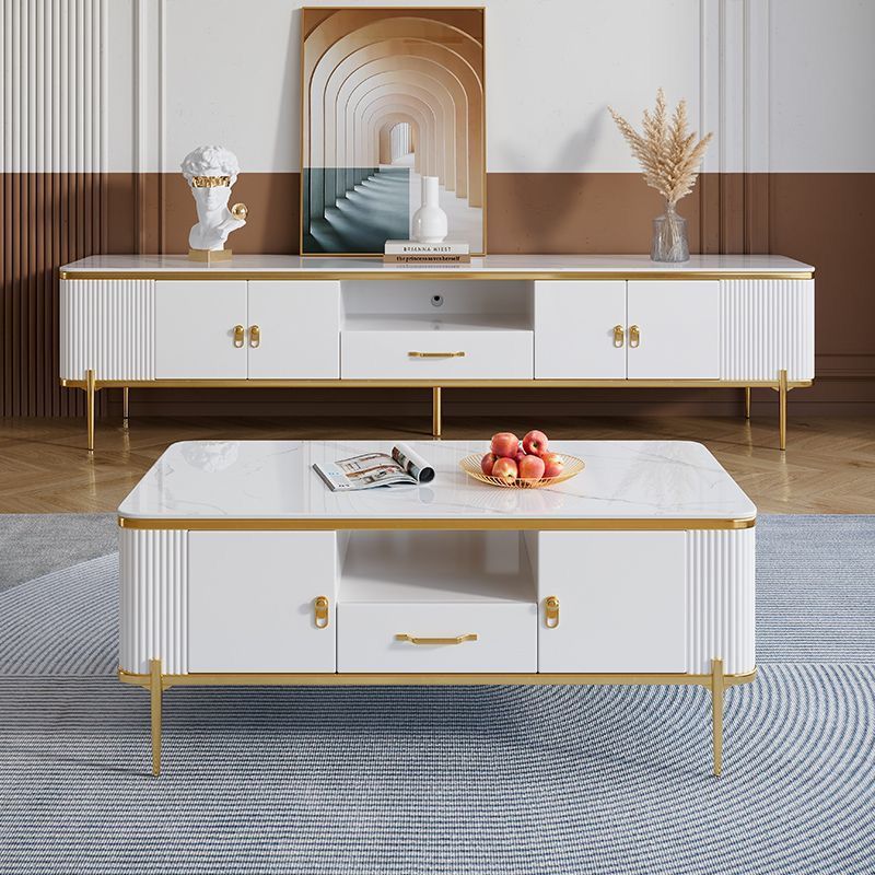 Living room Table Set Coffee Table and TV Stand in White and Gold Accents. - COOLBABY