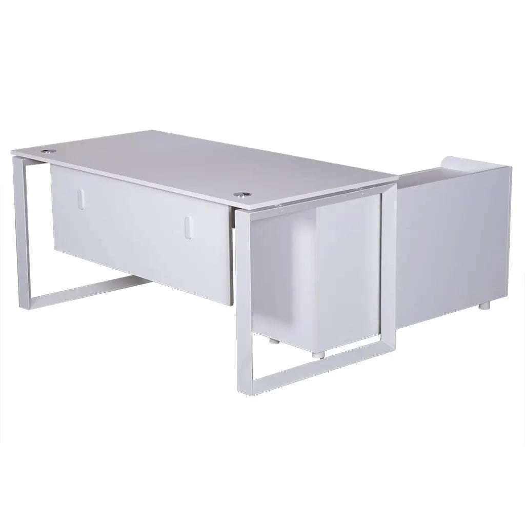 White Office Table with Movable Side Storage Unit | Modern Executive Workstation 140cm
