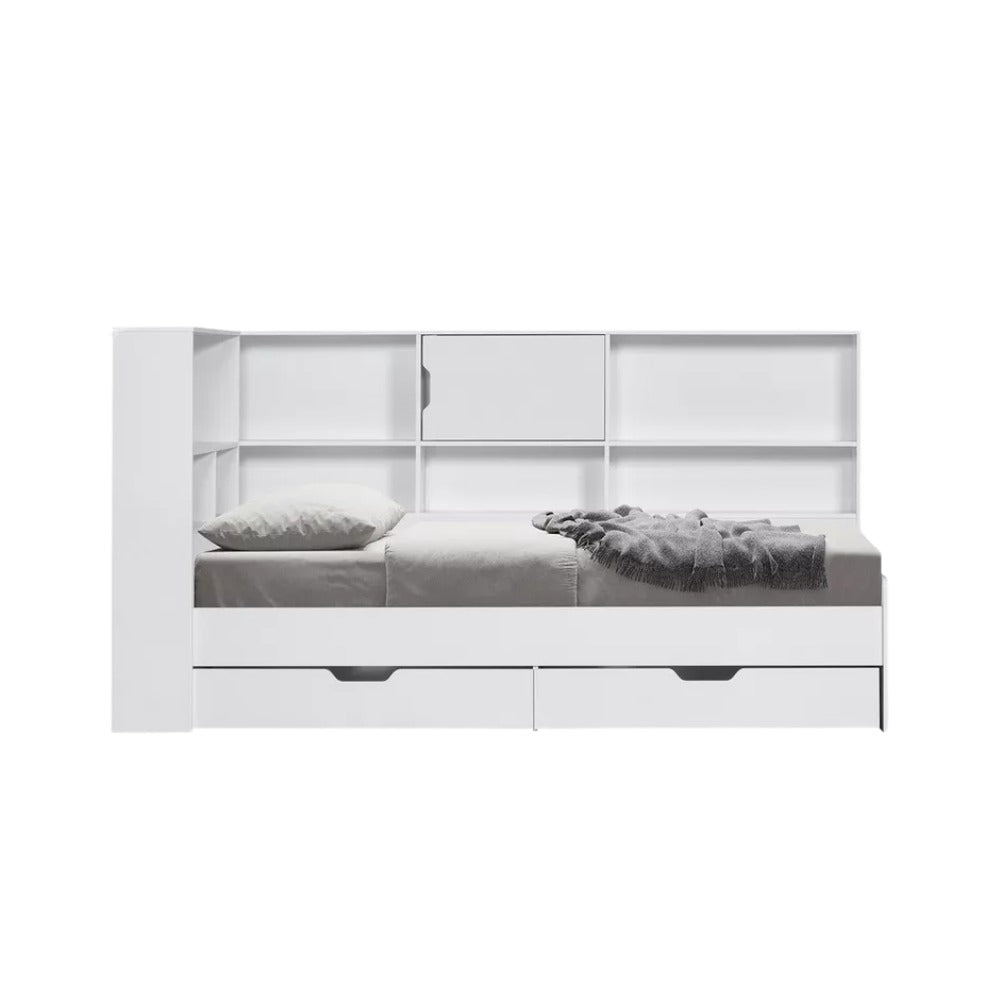 Vanilla Shelf Storage Headboard Single Bed with 2 Drawers – 90×200 cm, Engineered Wood Frame, Built‑In Shelves, Modern Kids’ Bed with Storage - COOLBABY