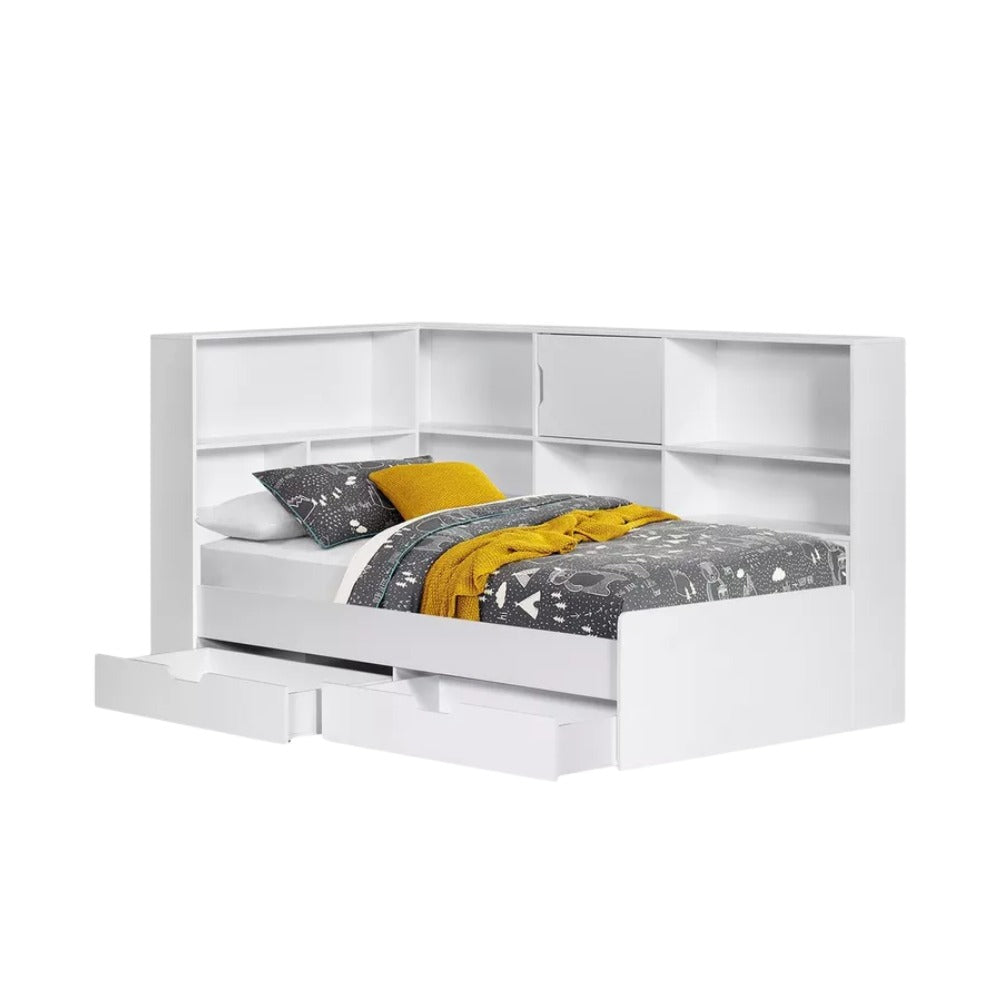 Vanilla Shelf Storage Headboard Single Bed with 2 Drawers – 90×200 cm, Engineered Wood Frame, Built‑In Shelves, Modern Kids’ Bed with Storage - COOLBABY