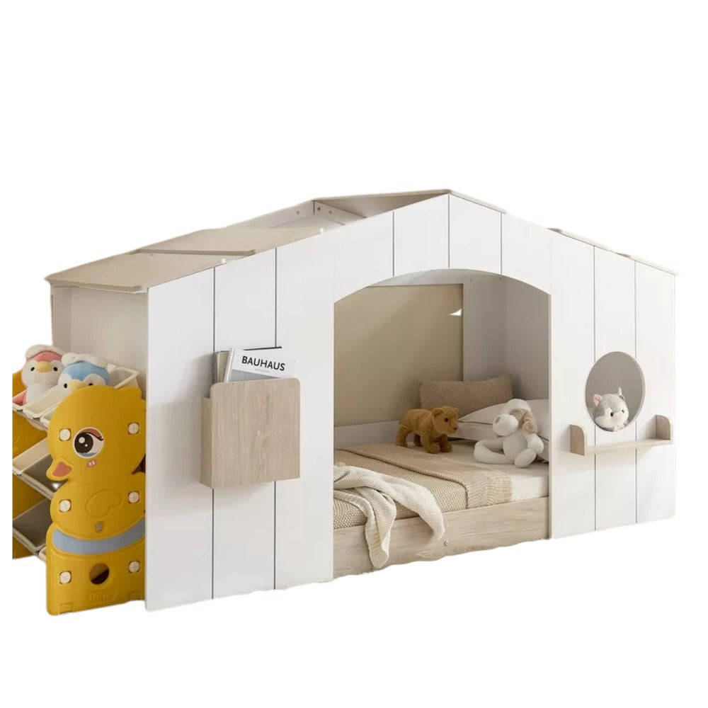 Movo Ivory Halmstad House Bed – Single Size 90×190 cm, Engineered Wood Frame, Modern Kids’ Playhouse Bed with Window Cutout - COOLBABY