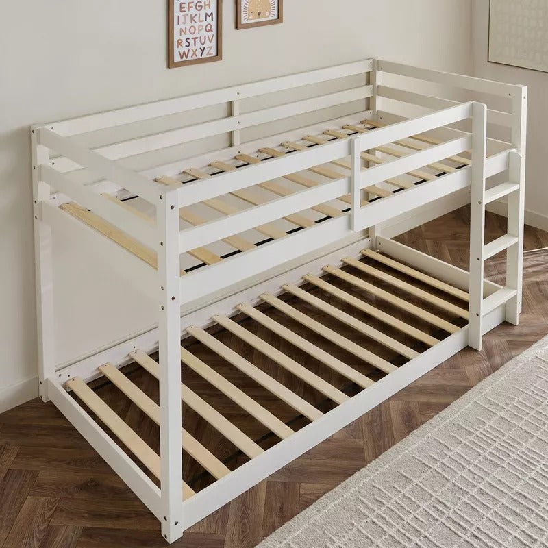Stova Vanilla Floor Bunk Bed – Single Size 90×200 cm, Solid Wood Low‑Profile Bunk Bed with Ladder, Modern Space‑Saving Kids’ Bed - COOLBABY