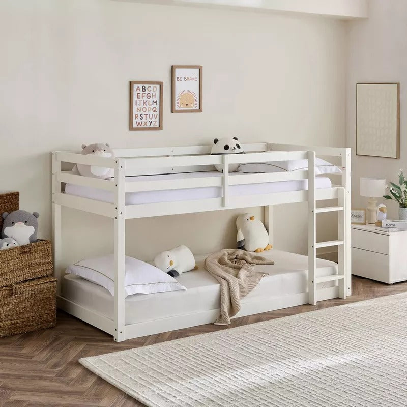 Stova Vanilla Floor Bunk Bed – Single Size 90×200 cm, Solid Wood Low‑Profile Bunk Bed with Ladder, Modern Space‑Saving Kids’ Bed - COOLBABY