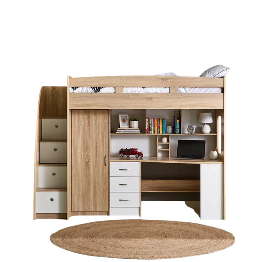 Movo Cooper Xmore Single Loft Bed with Storage – 90×190 cm, Engineered Wood Loft Bed with Desk, Ladder & 7 Drawers, Space‑Saving Kids’ Bed - COOLBABY