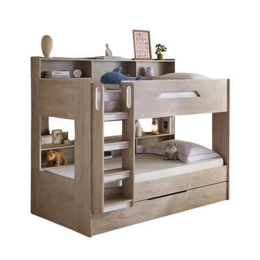 Ivory Halmstad Single Bunk Bed with Trundle – 90×200 cm, Engineered Wood Frame, Pull‑Out Extra Bed & Storage Shelves, Modern Space‑Saving Kids’ Bunk Bed - COOLBABY