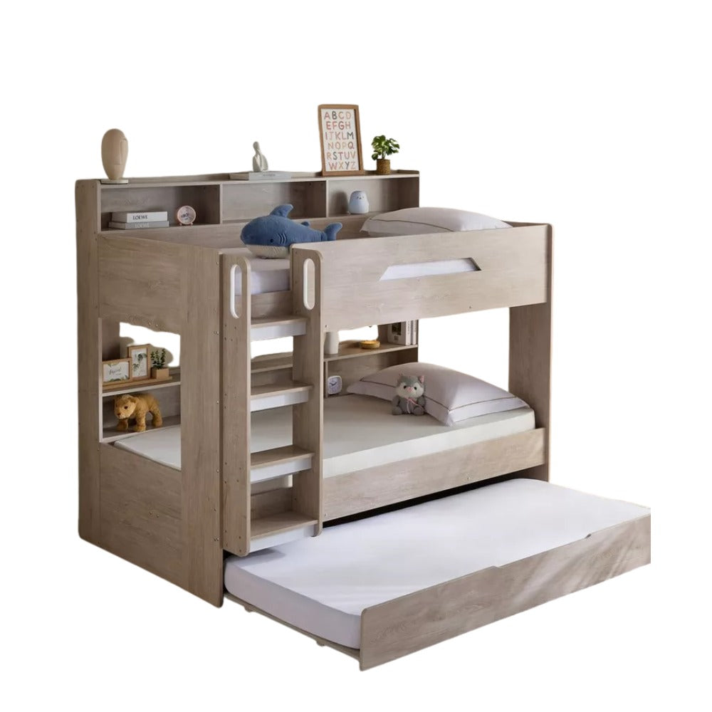 Ivory Halmstad Single Bunk Bed with Trundle – 90×200 cm, Engineered Wood Frame, Pull‑Out Extra Bed & Storage Shelves, Modern Space‑Saving Kids’ Bunk Bed - COOLBABY