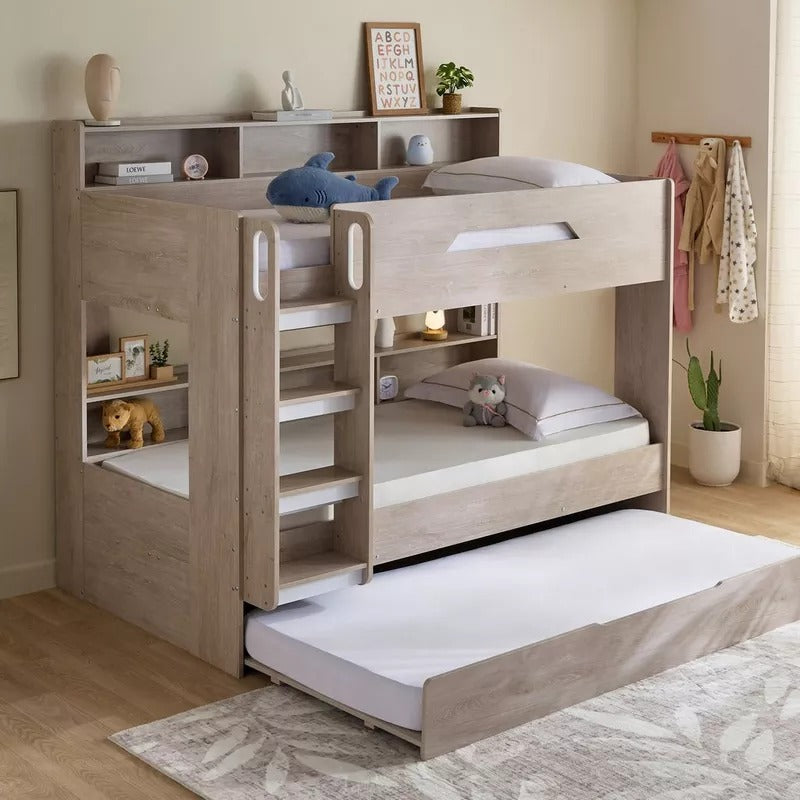 Ivory Halmstad Single Bunk Bed with Trundle – 90×200 cm, Engineered Wood Frame, Pull‑Out Extra Bed & Storage Shelves, Modern Space‑Saving Kids’ Bunk Bed - COOLBABY