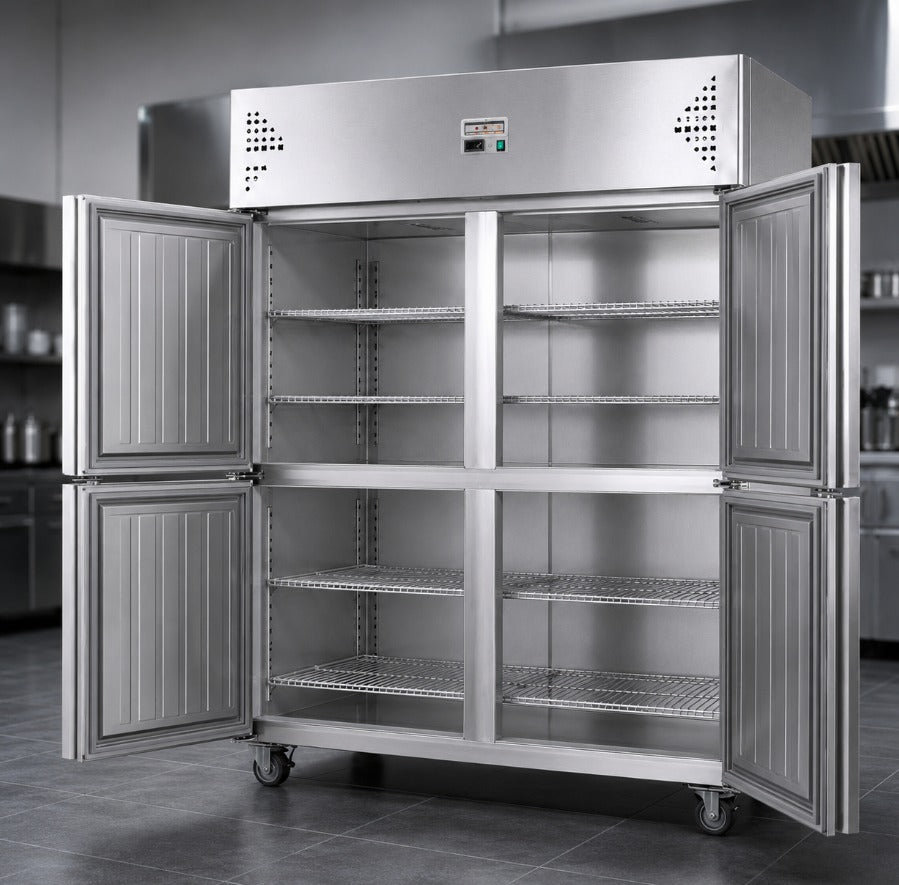 COOLBABY Upright Freezer, 1000L Total Capacity, 4-Door Double Temperature (Top Cooling and Bottom Freezer) Rectangular Deep Freezer, Wheels, 120 x 70 x 193cm Stainless Steel