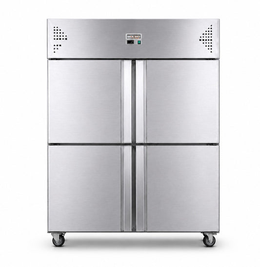 COOLBABY Upright Freezer, 1000L Total Capacity, 4-Door Double Temperature (Top Cooling and Bottom Freezer) Rectangular Deep Freezer, Wheels, 120 x 70 x 193cm Stainless Steel