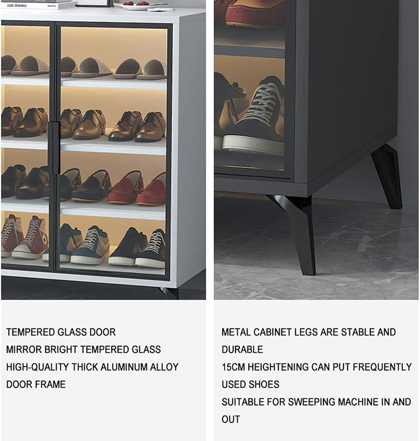 Shoe Cabinet in Tempered Glass Doors, Shoe Storage Racks Spacious 6-Tiers with Ambient Lighting - COOLBABY